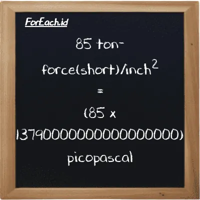 Cara konversi ton-force(short)/inci<sup>2</sup> ke pikopaskal (tf/in<sup>2</sup> ke pPa): 85 ton-force(short)/inci<sup>2</sup> (tf/in<sup>2</sup>) setara dengan 85 dikalikan dengan 13790000000000000000 pikopaskal (pPa)